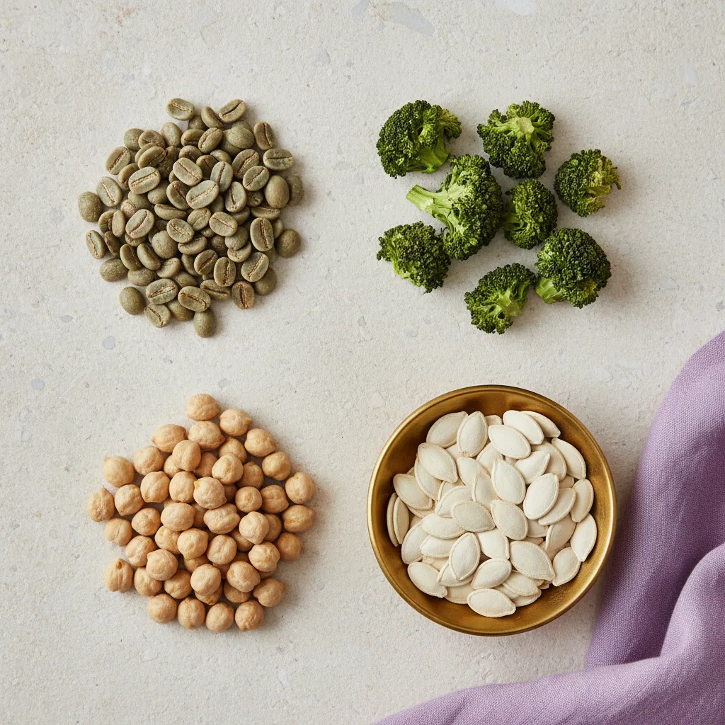 Botanical flat-lay of plant extract supplement ingredients